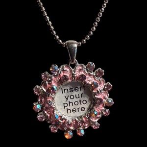 NEW Rare Cookie Lee Pink Round Crystal Photo Necklace 16 to 18"